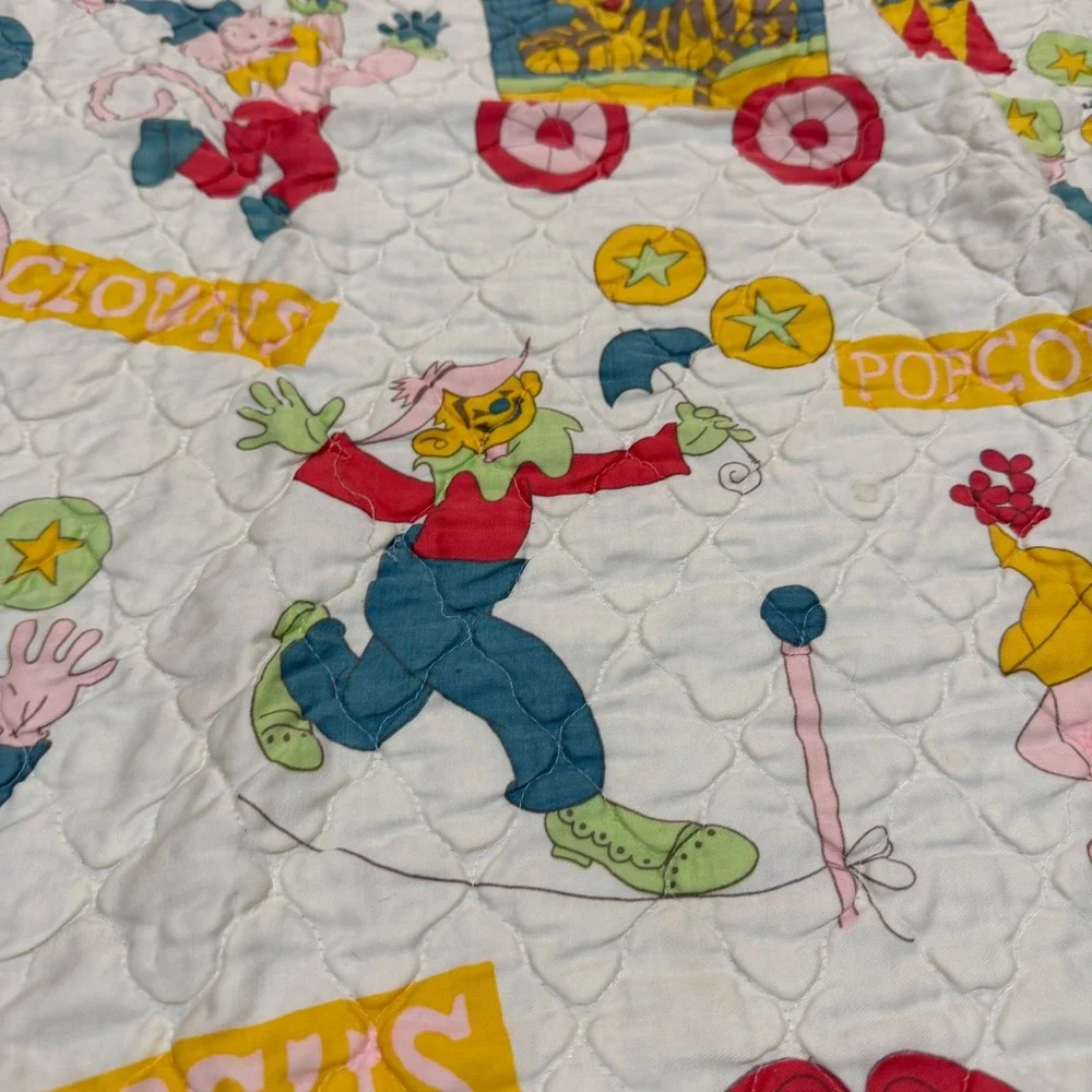 Vintage Circus Clown Baby Quilt Blanket White Multicolor 51x41 1970s 1980s